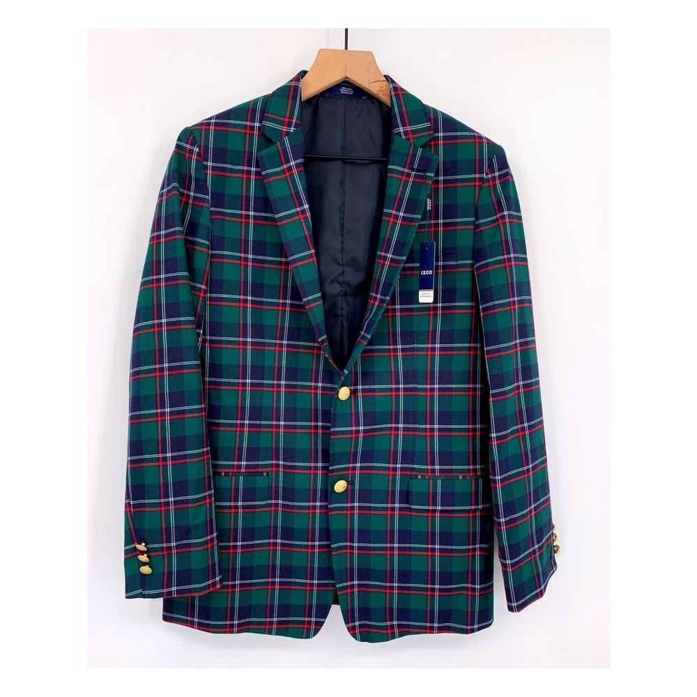 IZOD Plaid Blazer Boys 18 Green Navy Red Tartan Gold Button Sport Coat NEW